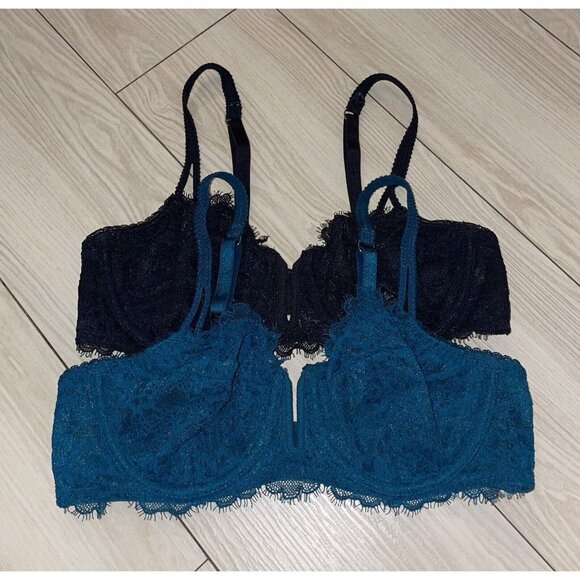 2 Auden Balconette Coverage Unlined Bras Lace Underwire Womens 34A Teal Black - Picture 2 of 7